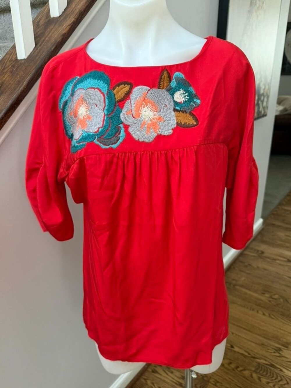 Tibi Red Silk Embroidered Blouse Size 6